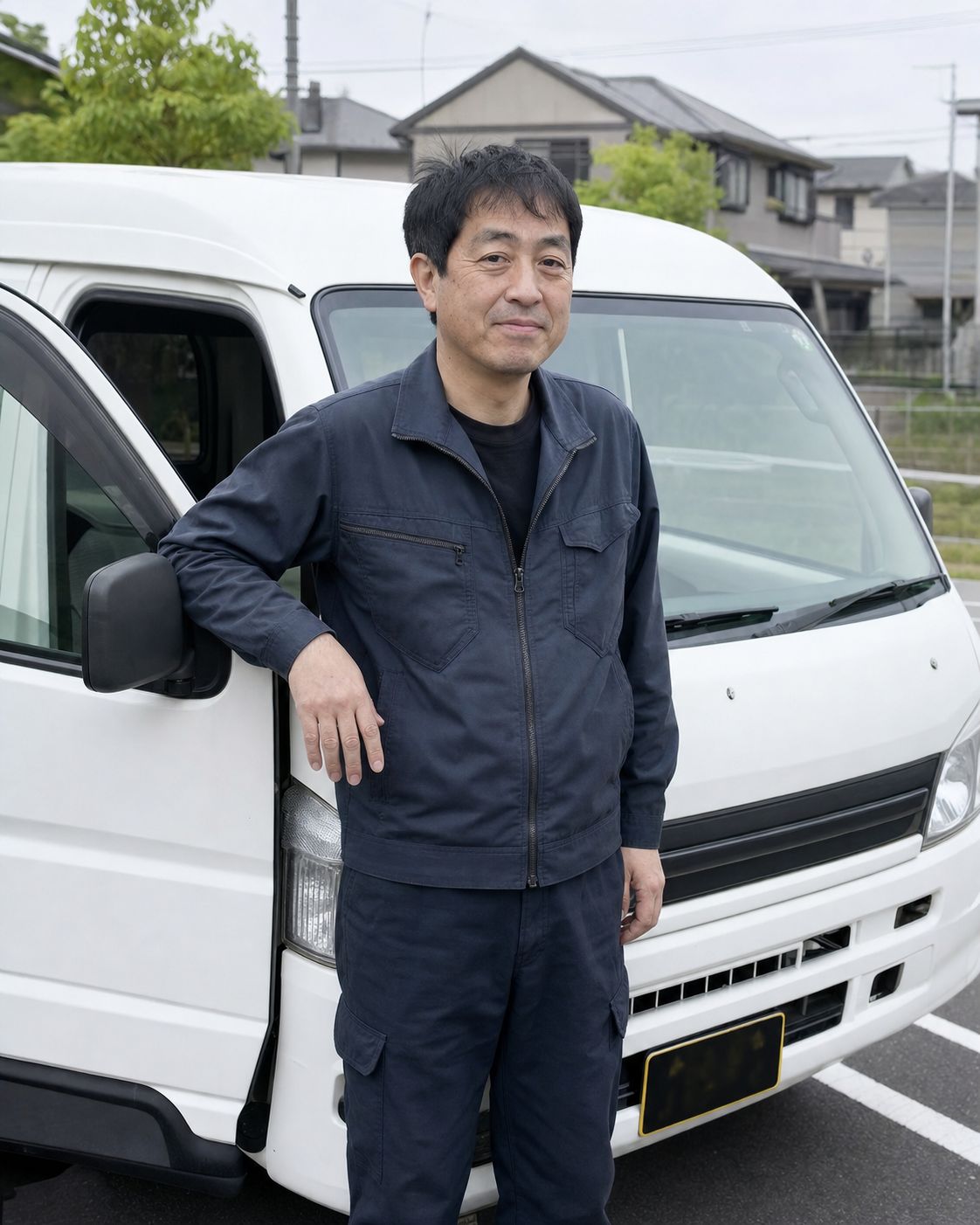 軽バンの前に立つ男性（生成した仮画像）