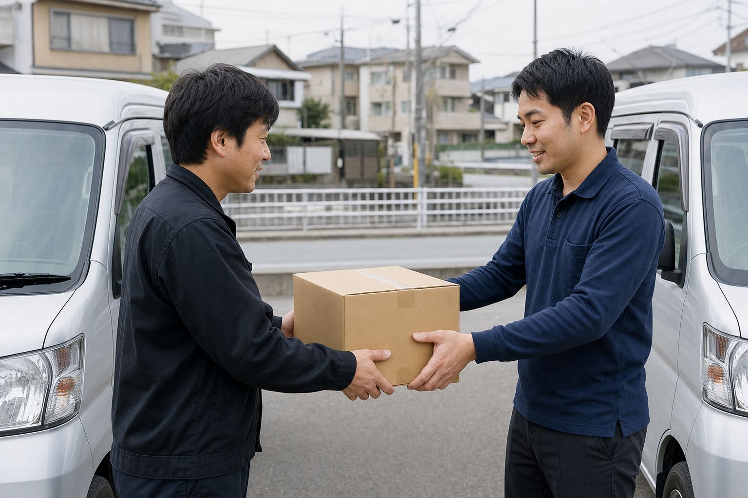 荷物を手渡す2人（生成した仮画像）