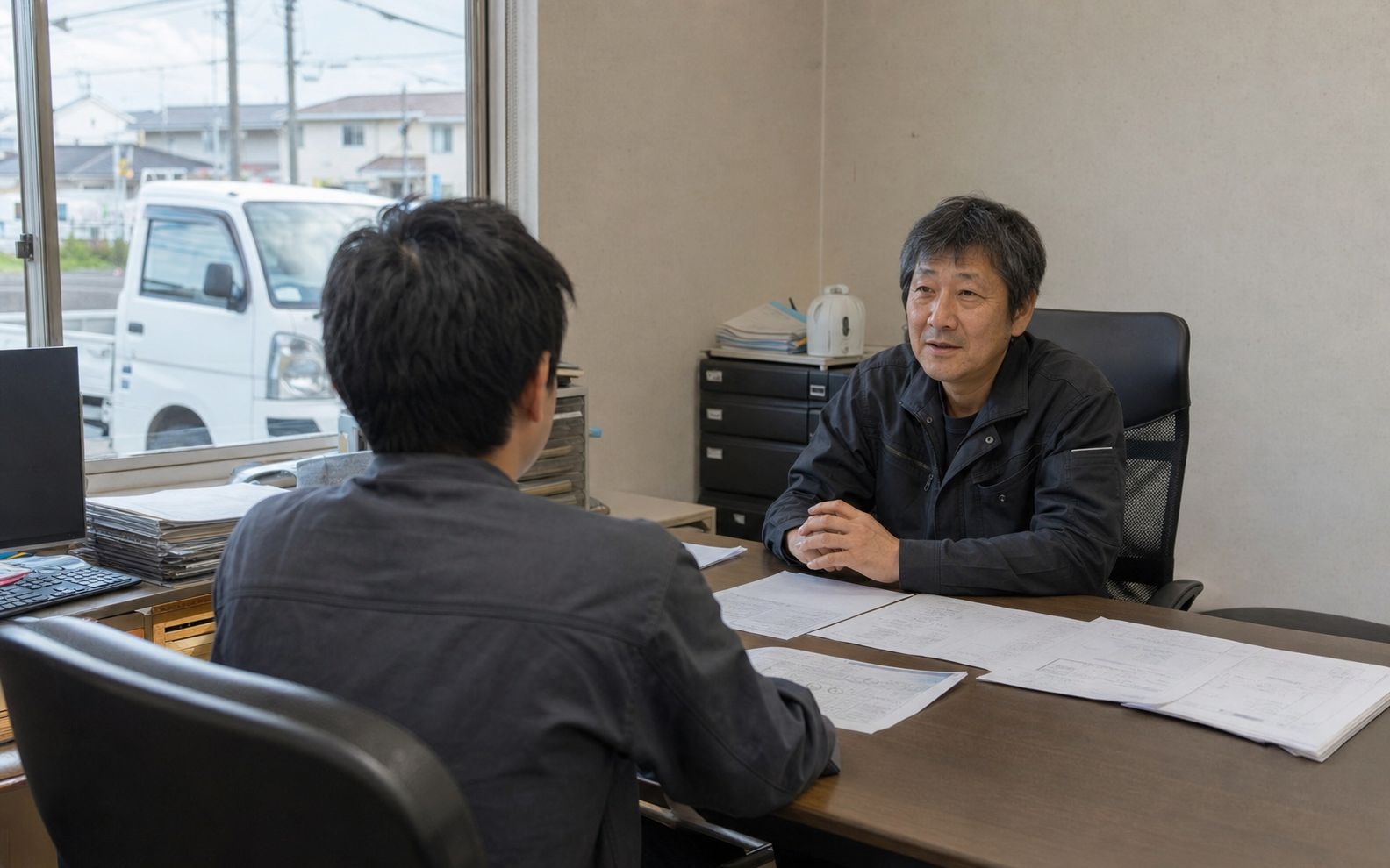 事務所での打ち合わせ（生成した仮画像）