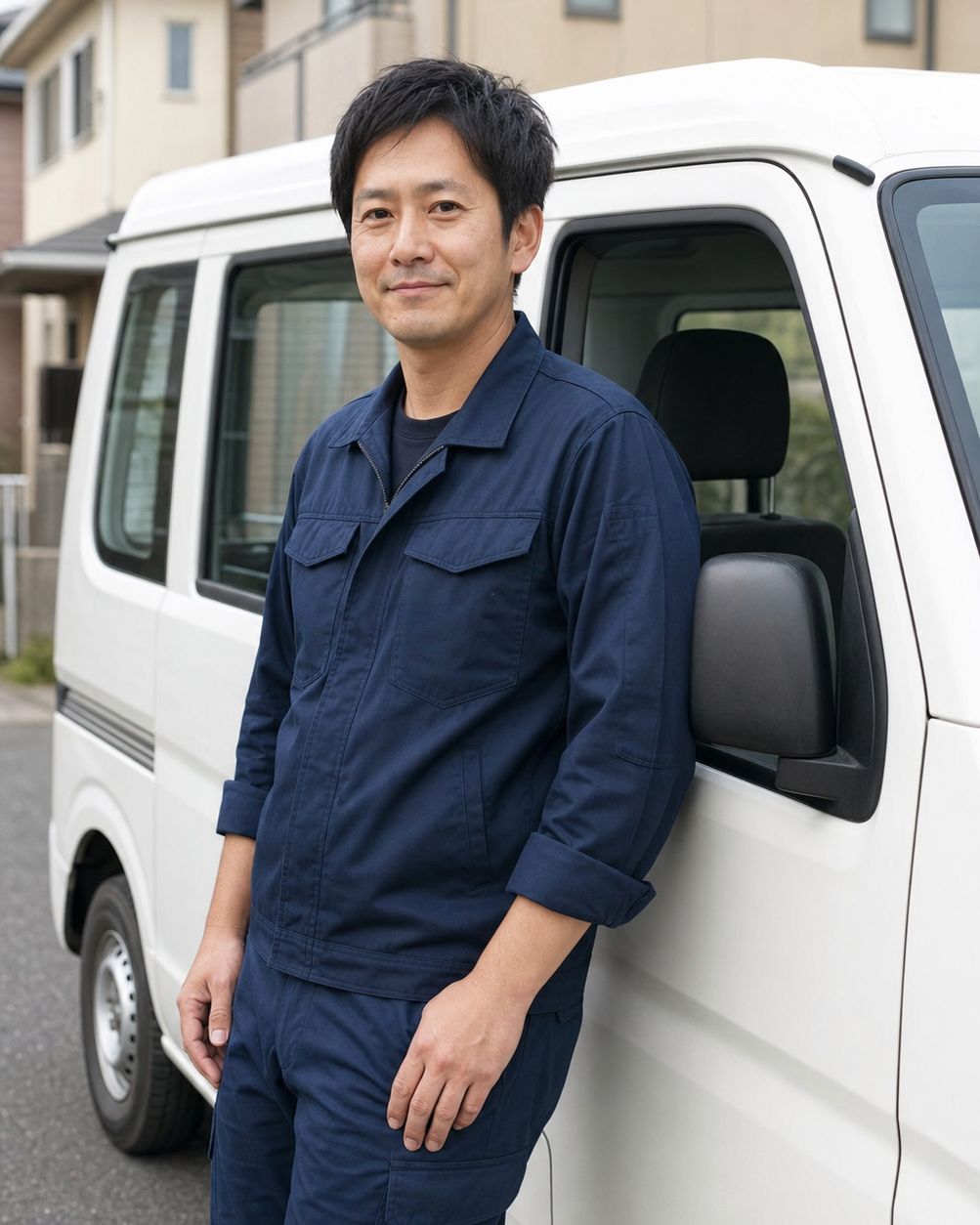 軽バンの前に立つ男性（生成した仮画像）