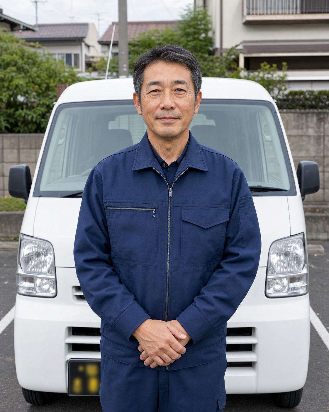 軽バンの前に立つ男性（生成した仮画像）